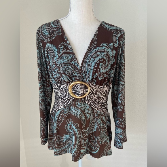 Linda Segal Tops - V-Neck Paisley Tunic with Zebra-Accent Waist in Brown and Turquoise